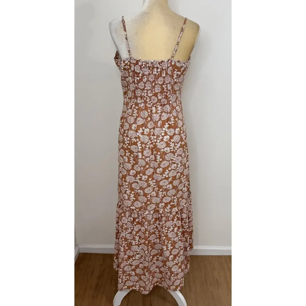 Saks Fifth Avenue Floral Ruffle Linen Blend Midi Dress Size L Brown White - Picture 8 of 12